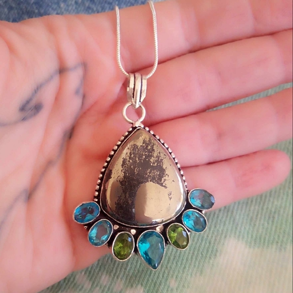 ❤ Artisan Apache Goldstone Pyrite + Aquamarine + Peridot SS 925 Pendant Necklace